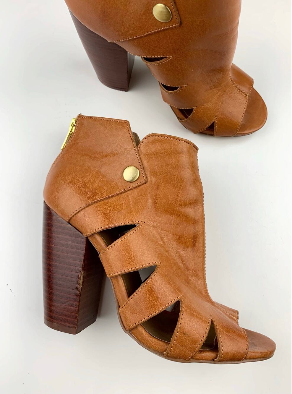 Kelsi Dagger Brooklyn KDB Peep Toe Ankle Boots Tan Leather Heels Women's 6.5 - Picture 1 of 13